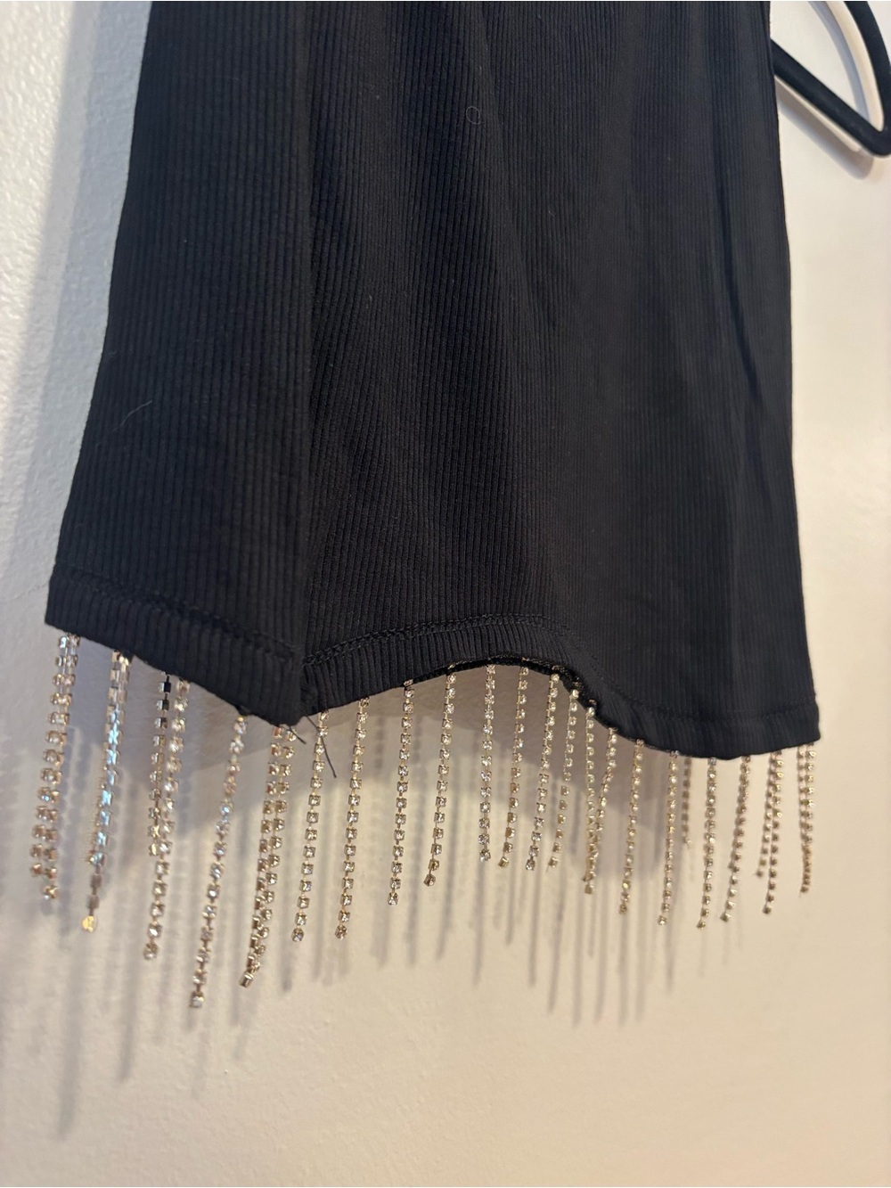 Black Cropped Tank Silver Rhinestone Fringe Sleeveless Racerback Top Women's S - Picture 2 of 7